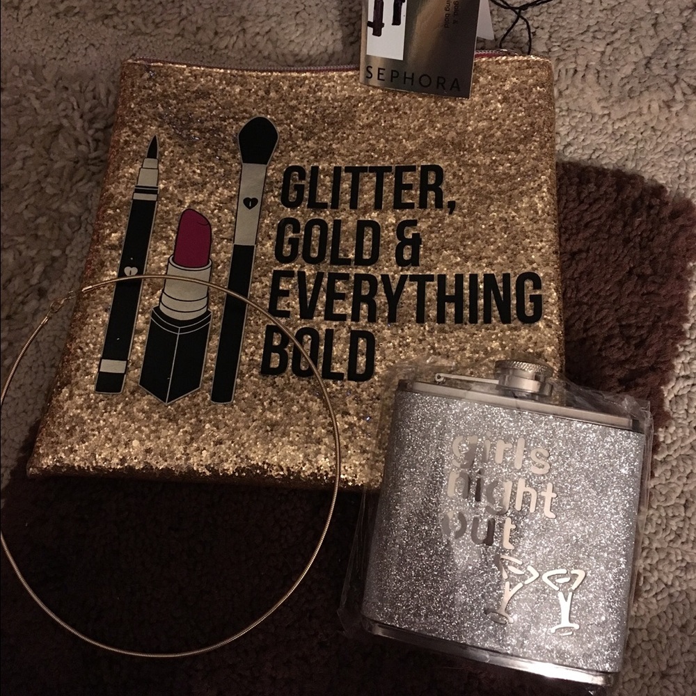 Sephora makeup bag, flask and necklace