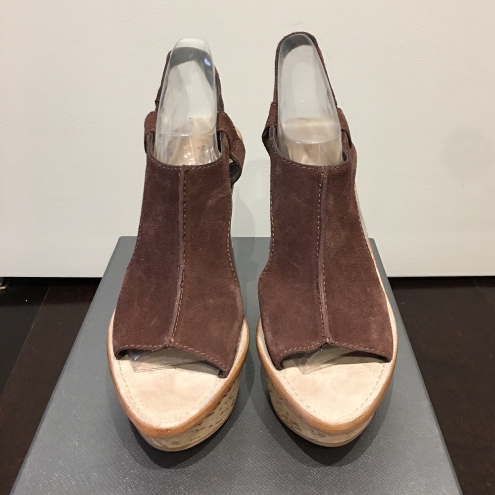 Elizabeth & James Brown Harp Suede Wedges, Size 9