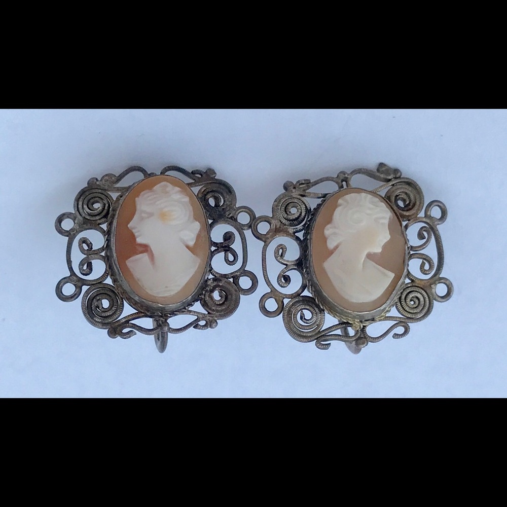 Sterling silver filigree shell cameo earrings
