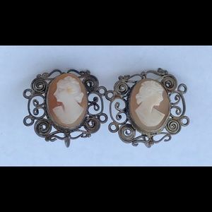 Sterling silver filigree shell cameo earrings