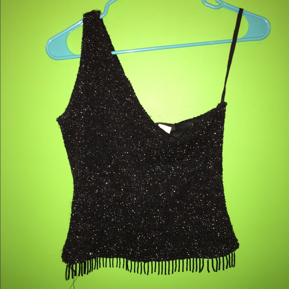 Sparkly Black Asymmetrical Fringe Top 💕