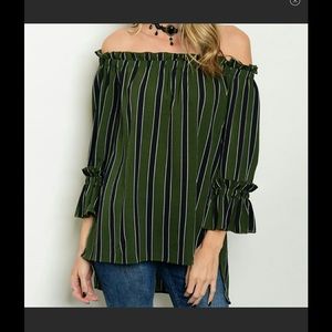 Navy/green striped off shoulder blouse