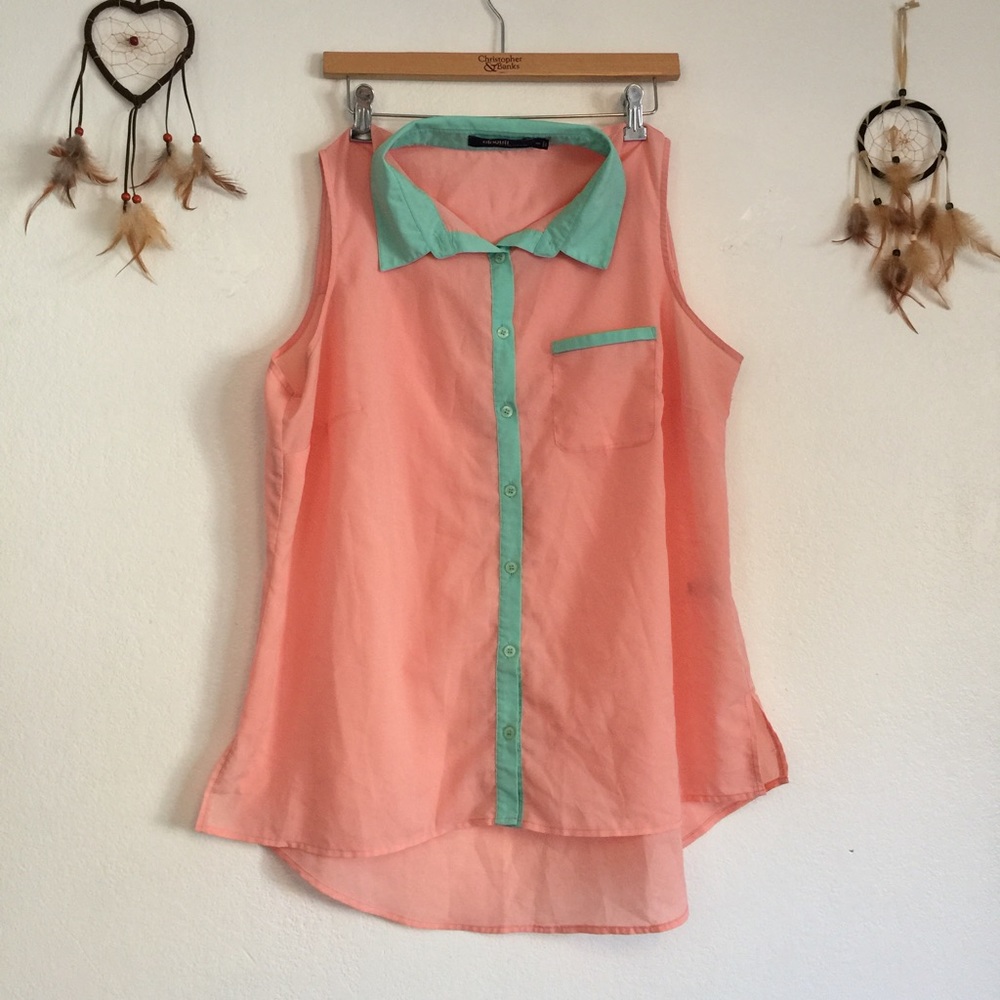 Salmon Peach/Turquoise Collared Blouse Top