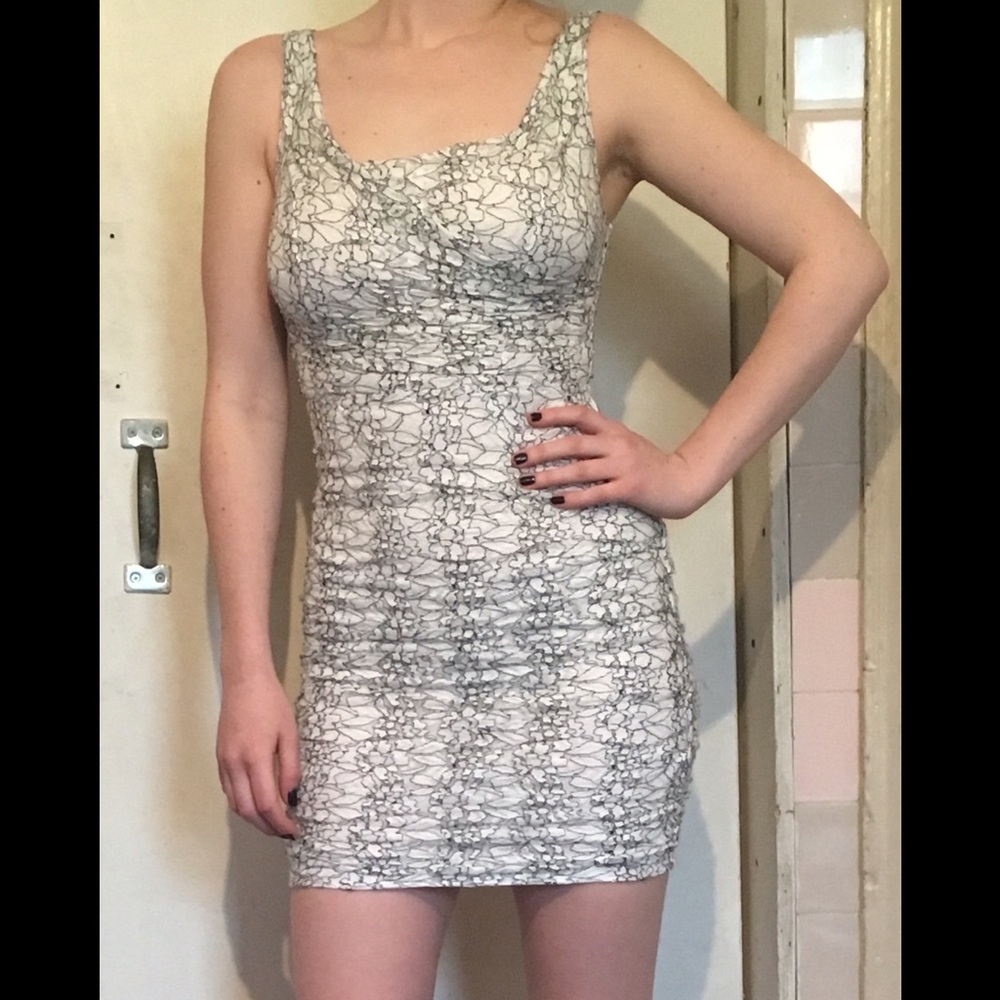 Express white Ruched dress w black lace