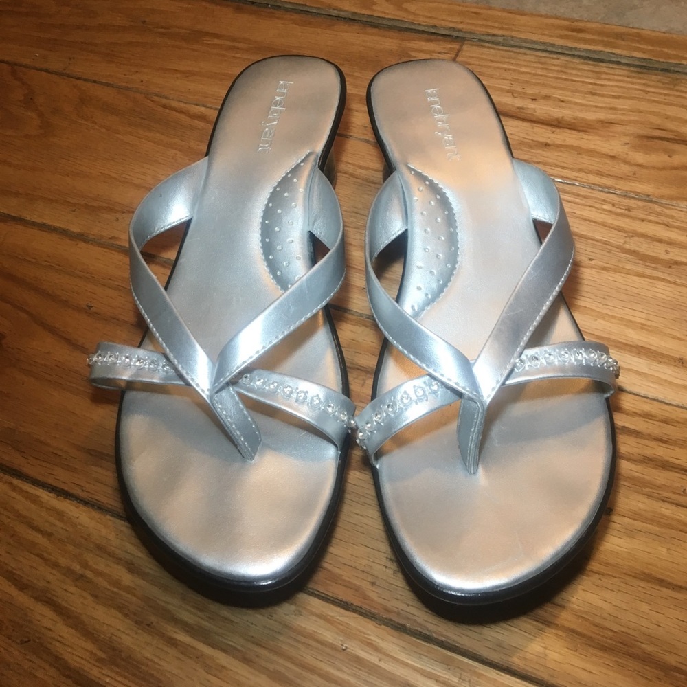 Dressy silver beaded wedge sandals