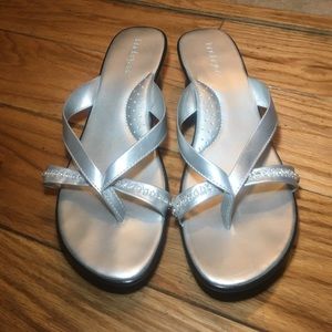Dressy silver beaded wedge sandals
