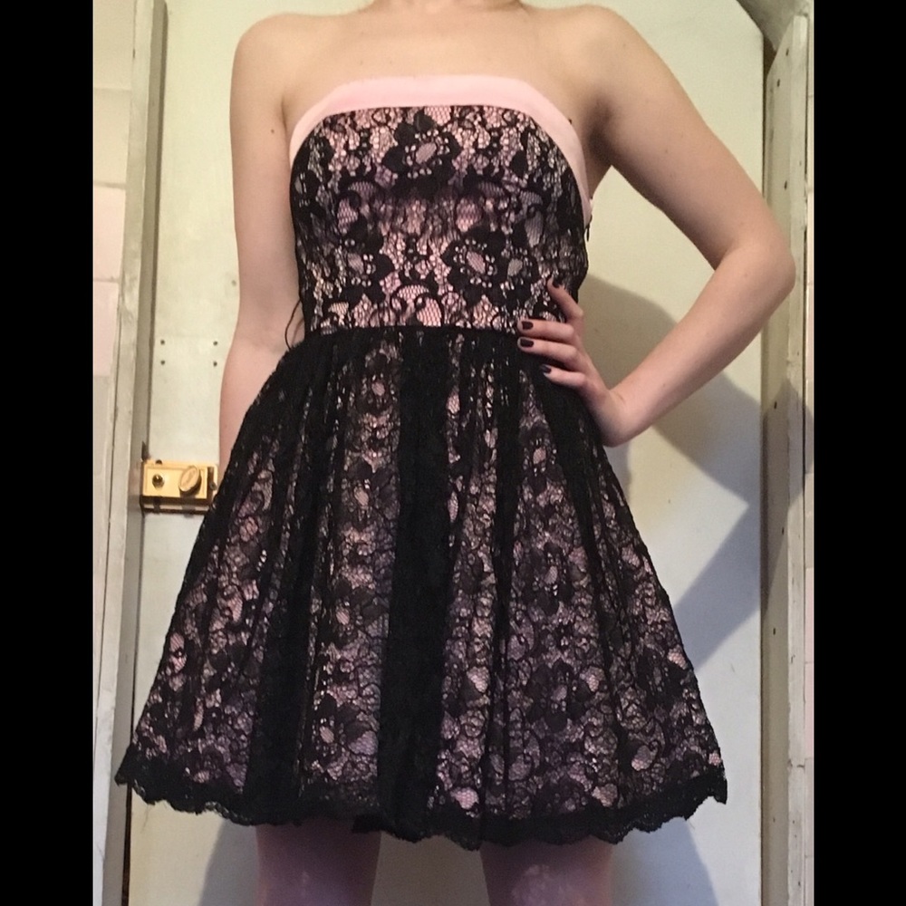 XOXO strapless cocktail dress, pink w black lace