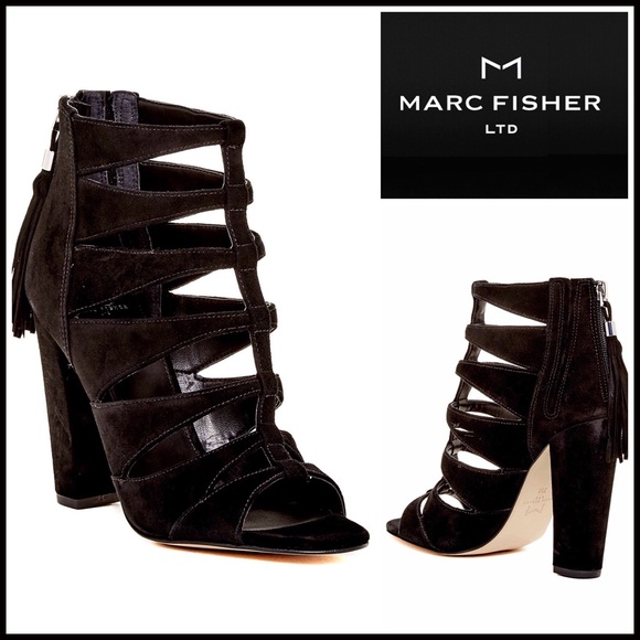 MARC FISHER BLACK CAGED SUEDE ANKLE STRAP HEELS - Picture 8 of 8