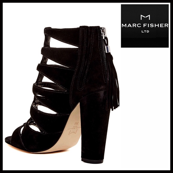 MARC FISHER BLACK CAGED SUEDE ANKLE STRAP HEELS - Picture 3 of 8