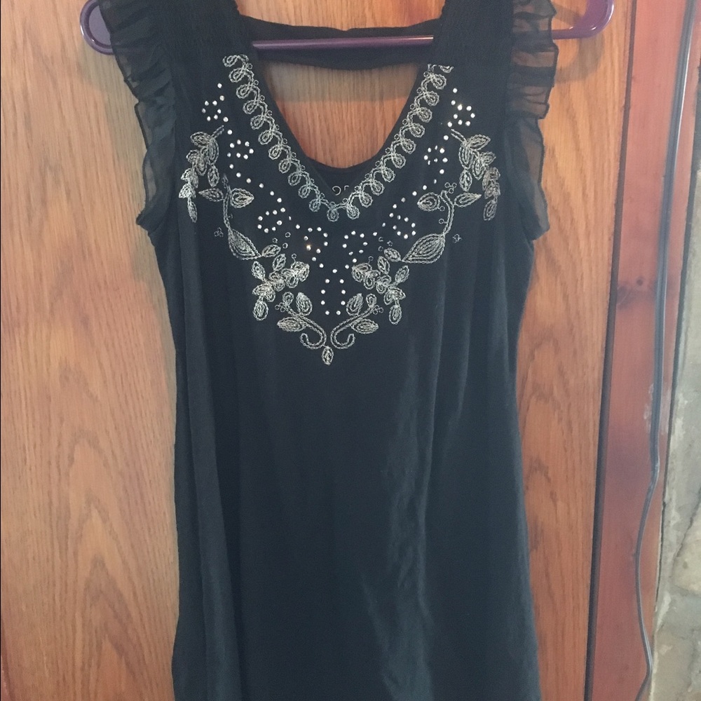 Black cotton tunic with ruffle and sparkle detail