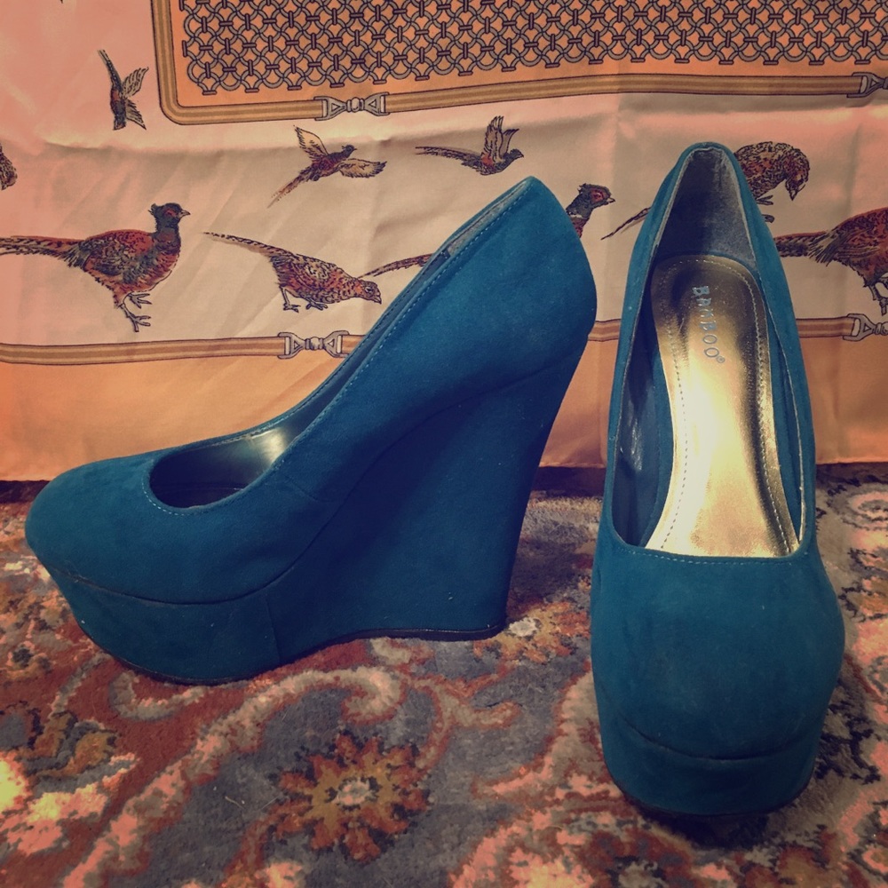 Teal suede Bamboo wedges