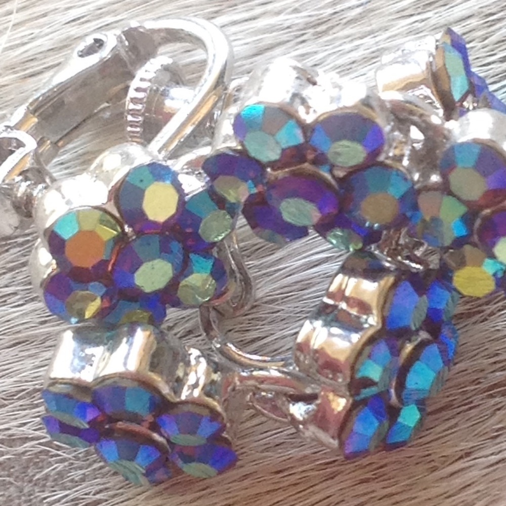 Multi blue green crystal earrings, clip,