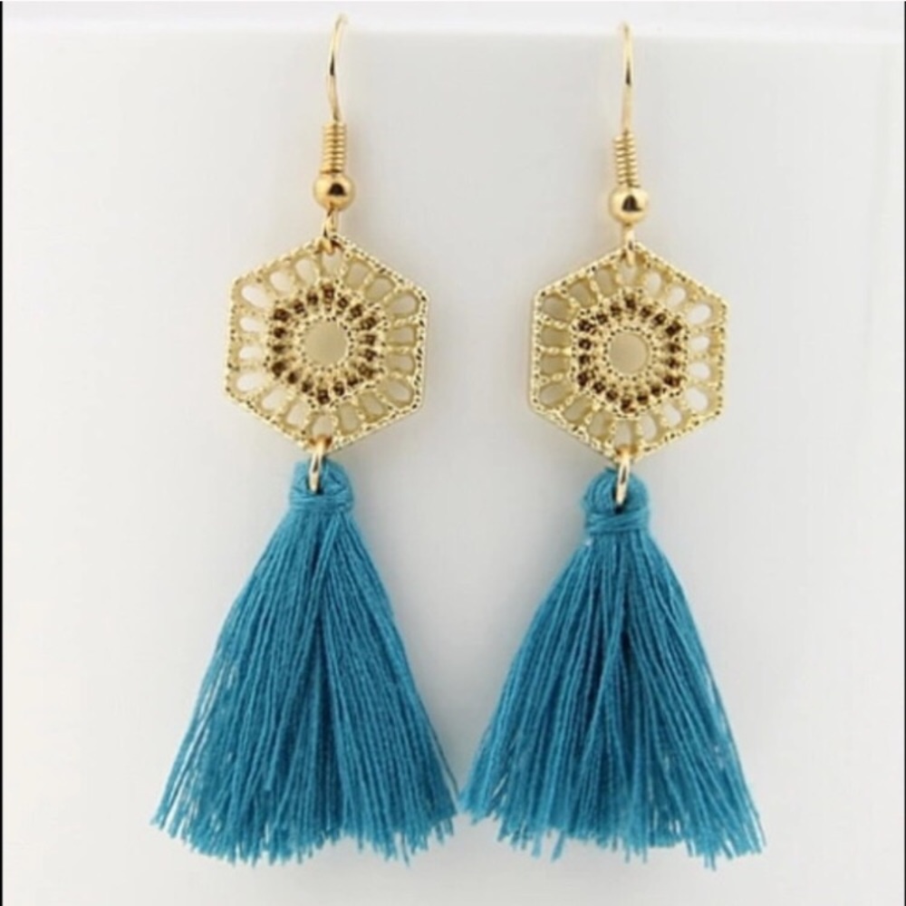 Gold Earrings with Turquoise Tassel