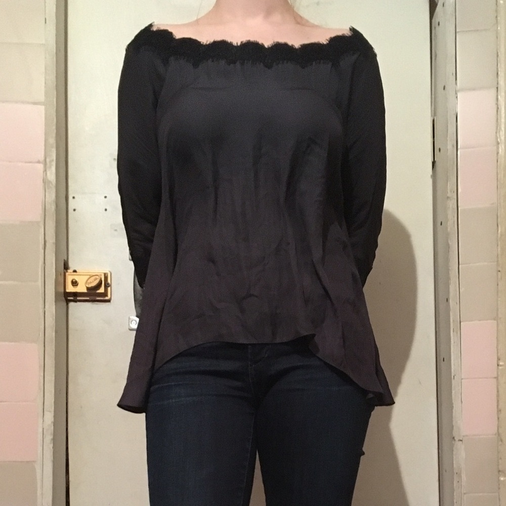 Zara Woman silky charcoal blouse w Lace hem
