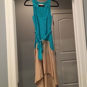 High low dress 100 percent silk tan and teal.