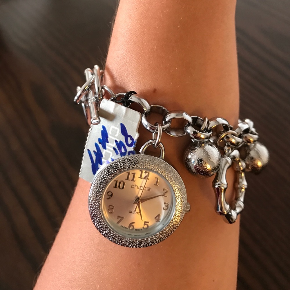 Stainless steel charm bracelet watch