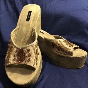 Sparkle Gold Bronze Beaded Platform Wedge Sandal