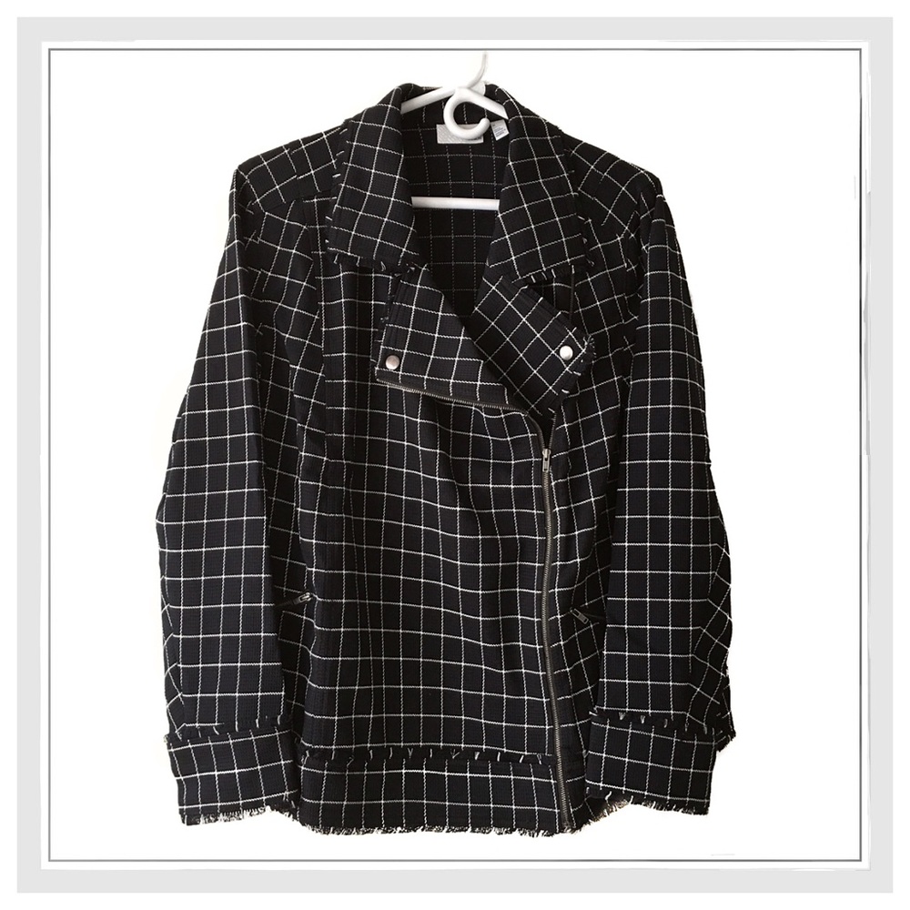 {Plus} Navy Check Print Knit Moto Jacket