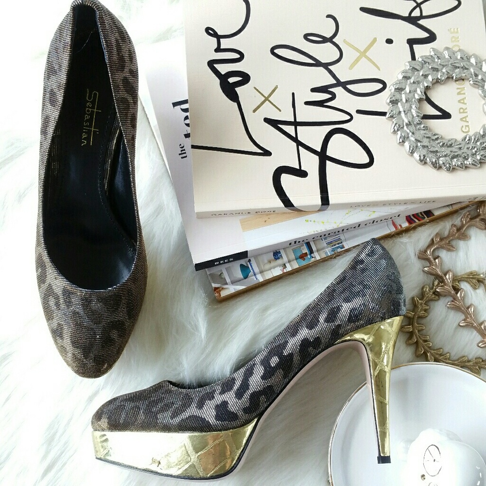 SEBASTIAN MILANO leopard print glitter gold pump