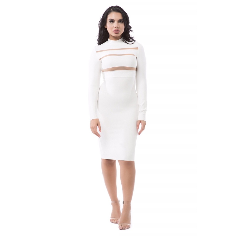 White Mock Neck Long Sleeve Bandage Dress #780 - Picture 2 of 5