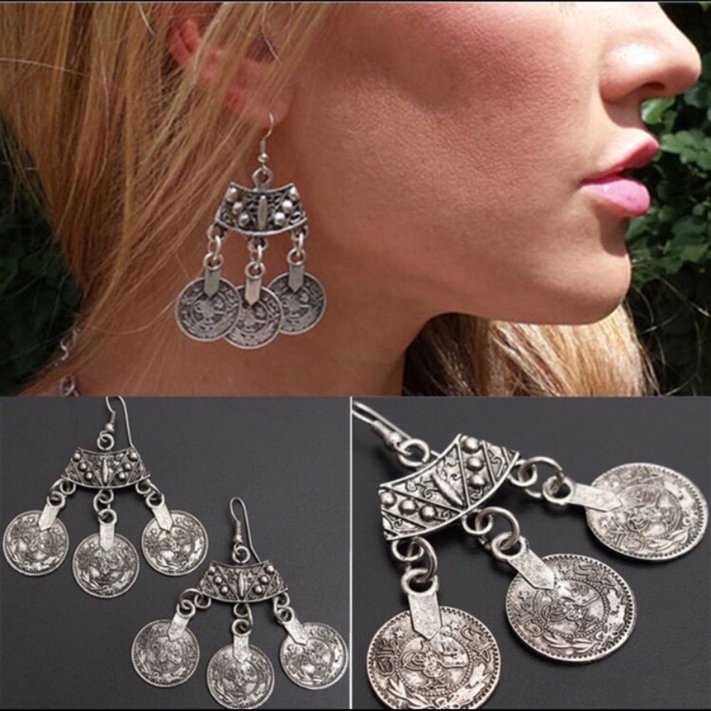 Bohemian Style Silver Coin Dangle Hook Earrings
