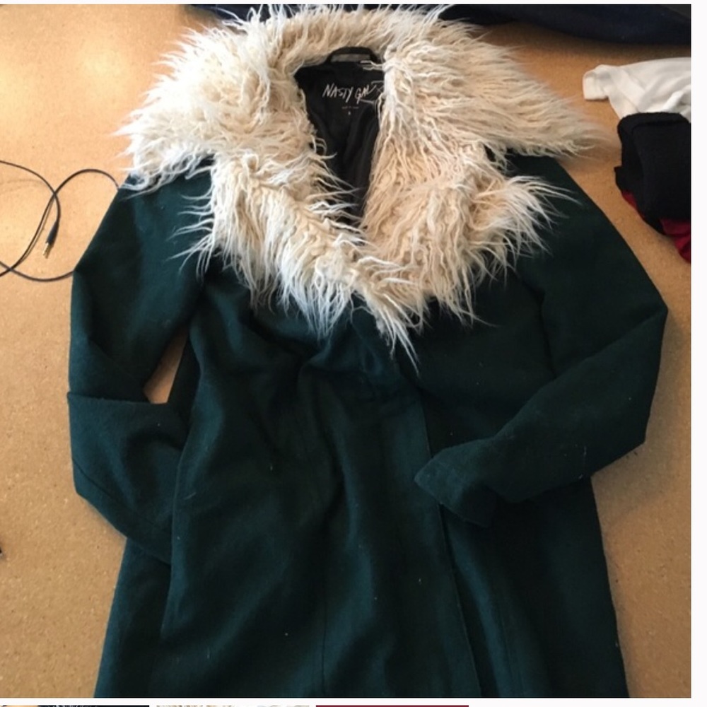 Nasty Gal Fur Trimmed Green Coat