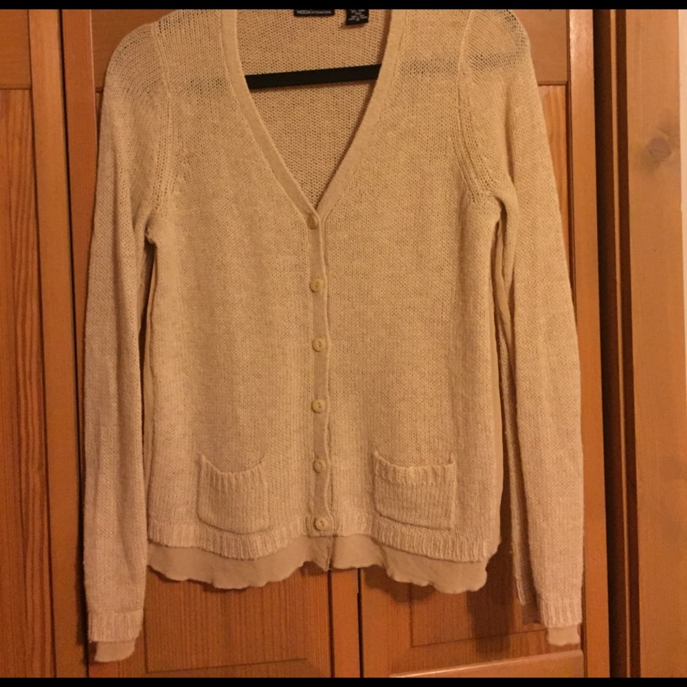 Tan cardigan sweater with silk detail