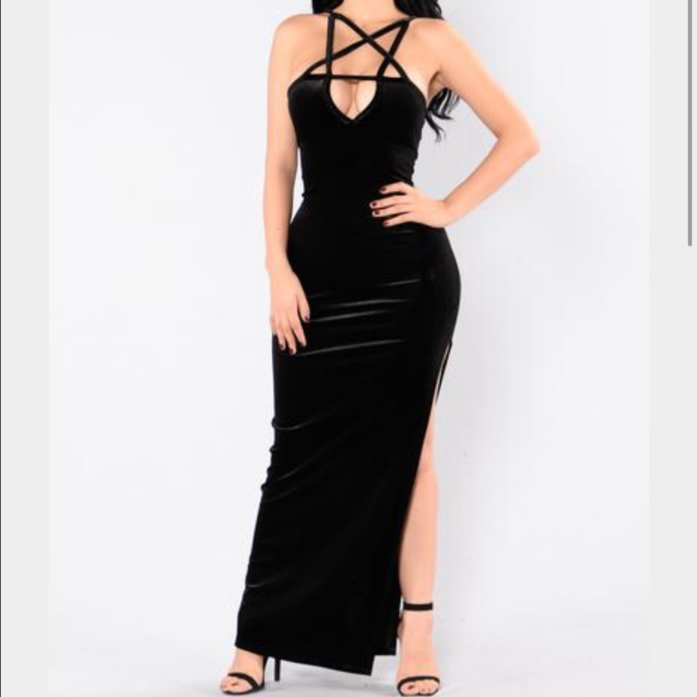 Sexy black velvet dress with side slit
