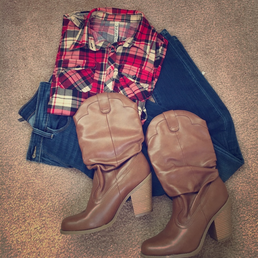 Scrunched brown calf boots with heel Kenzie Sz 8.5