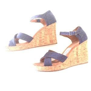 TOMS Denim Blue Cork Wedge Sandals 11W