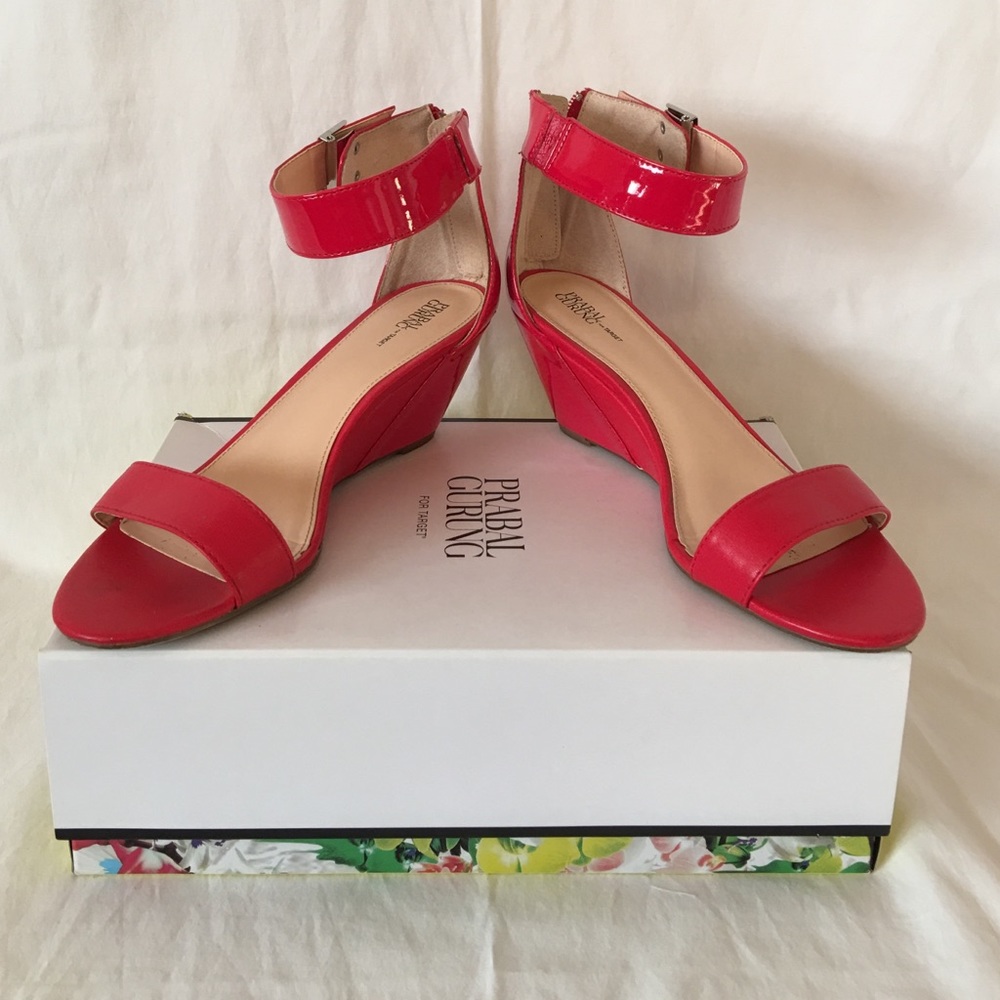 Prabal Garung red wedge heel sandal.