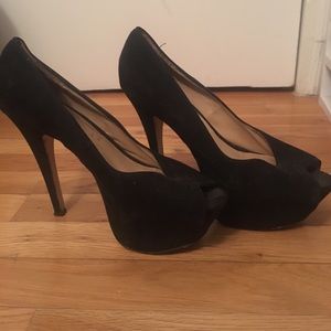 Peep toe black suede heels