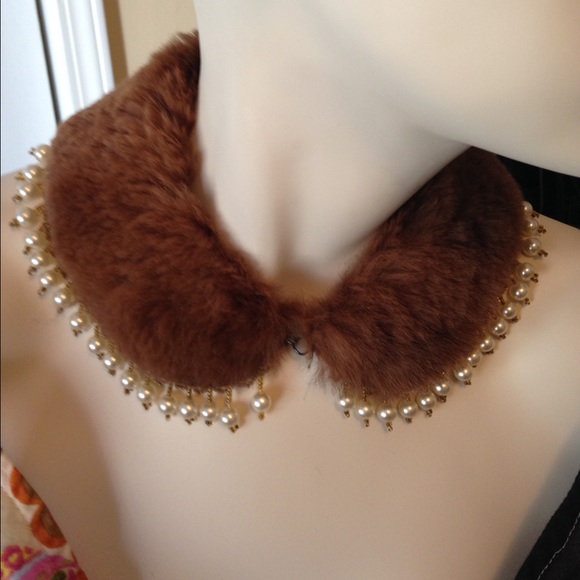 Vintage Accessories - Rabbit Fur Brown Beaded Collar Vintage Mori Boho