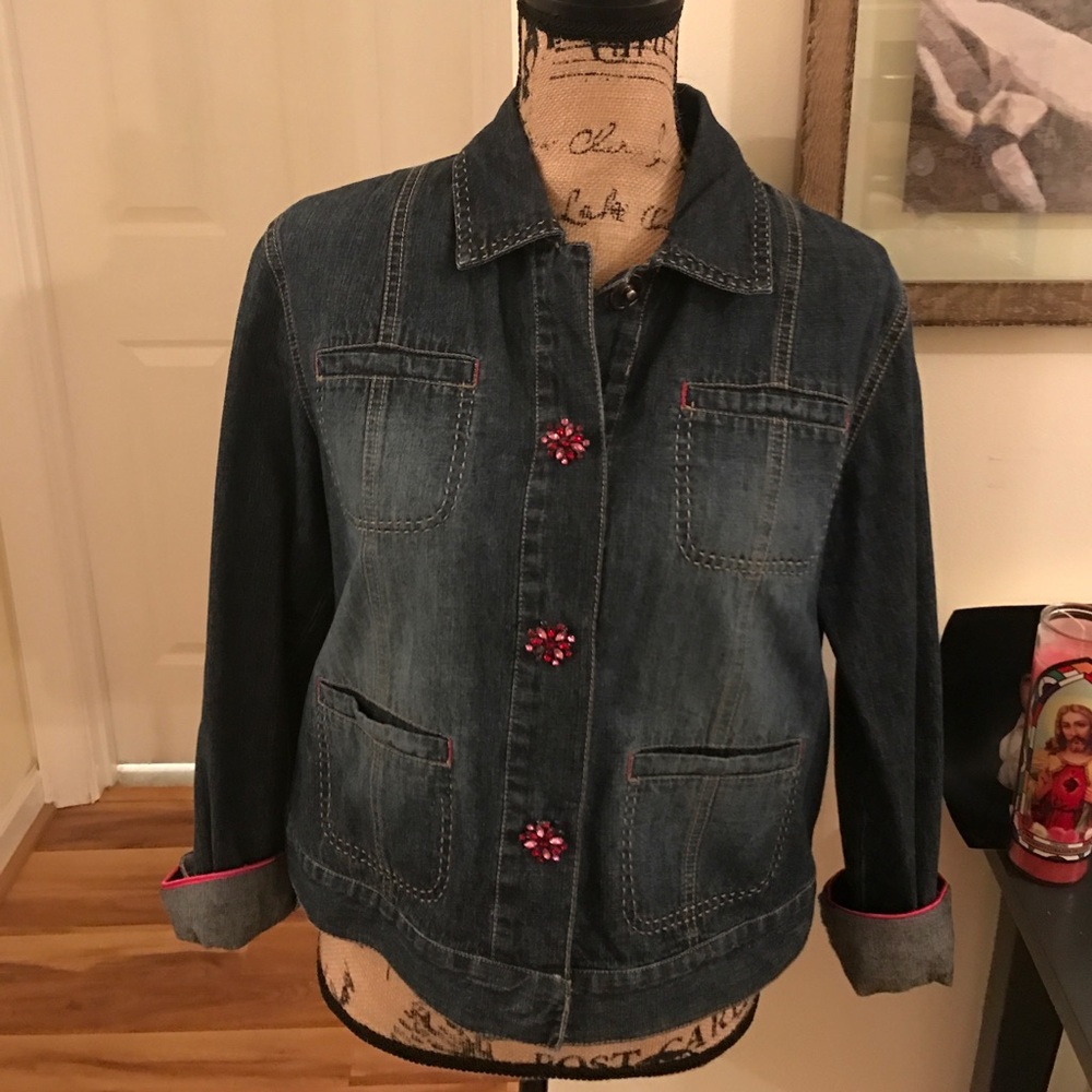 Chico's Size 1 Jean Jacket with Pink Rhinestones