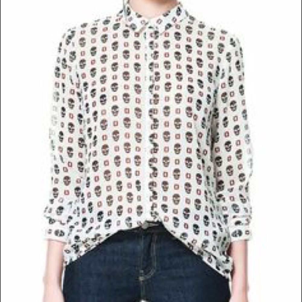 NWT Zara Skull Print Long Sleeve Button Front Shirt size XS - Picture 2 of 7