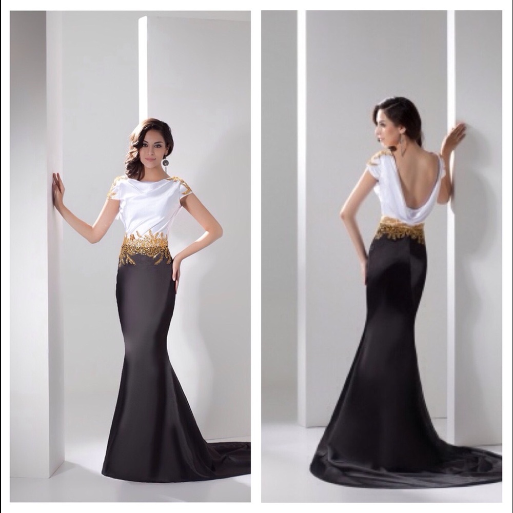 White&Black CapSleeves Trumpet Gown w/ Gold Beads