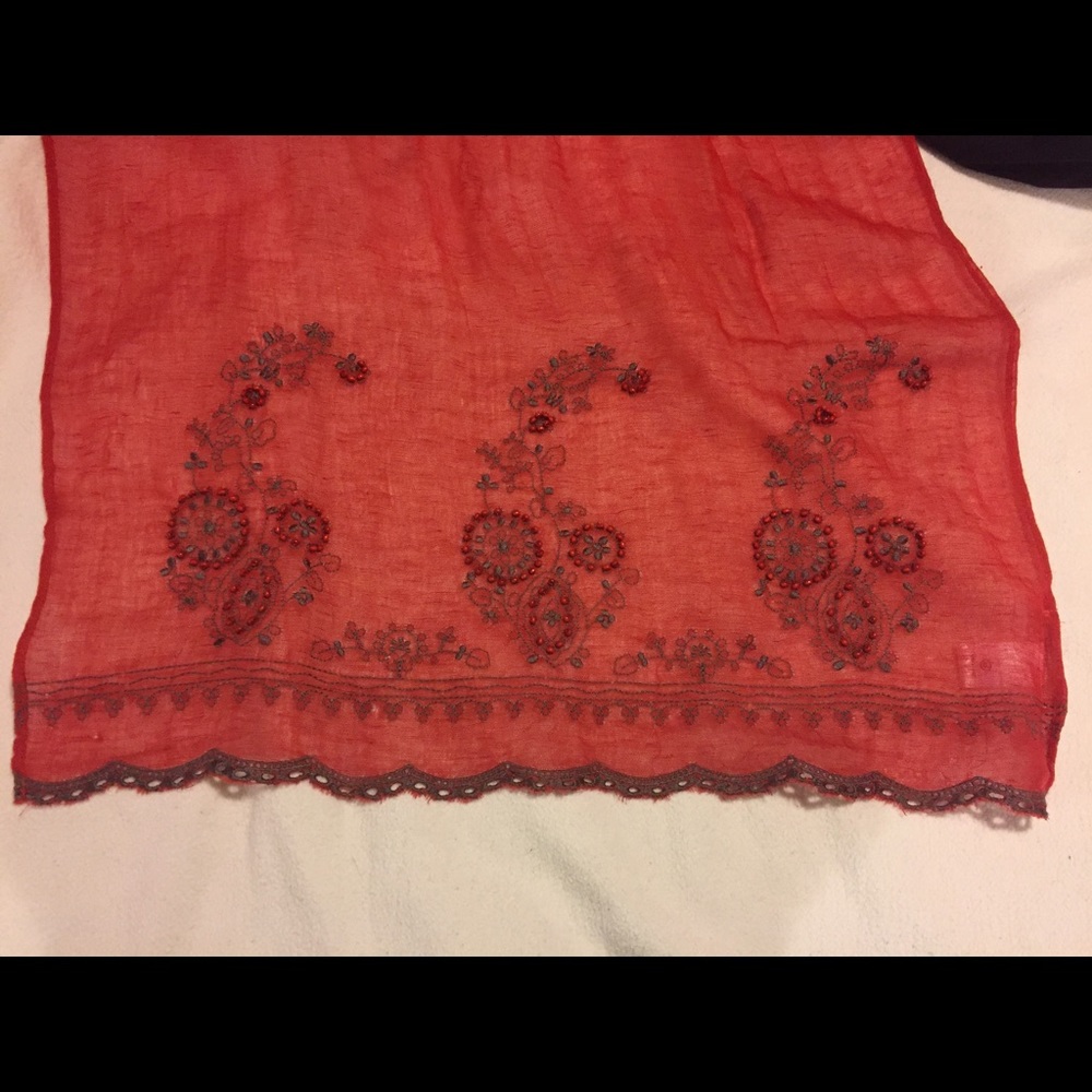 Beaded Embroidered Red Linen Coldwater Creek Scarf