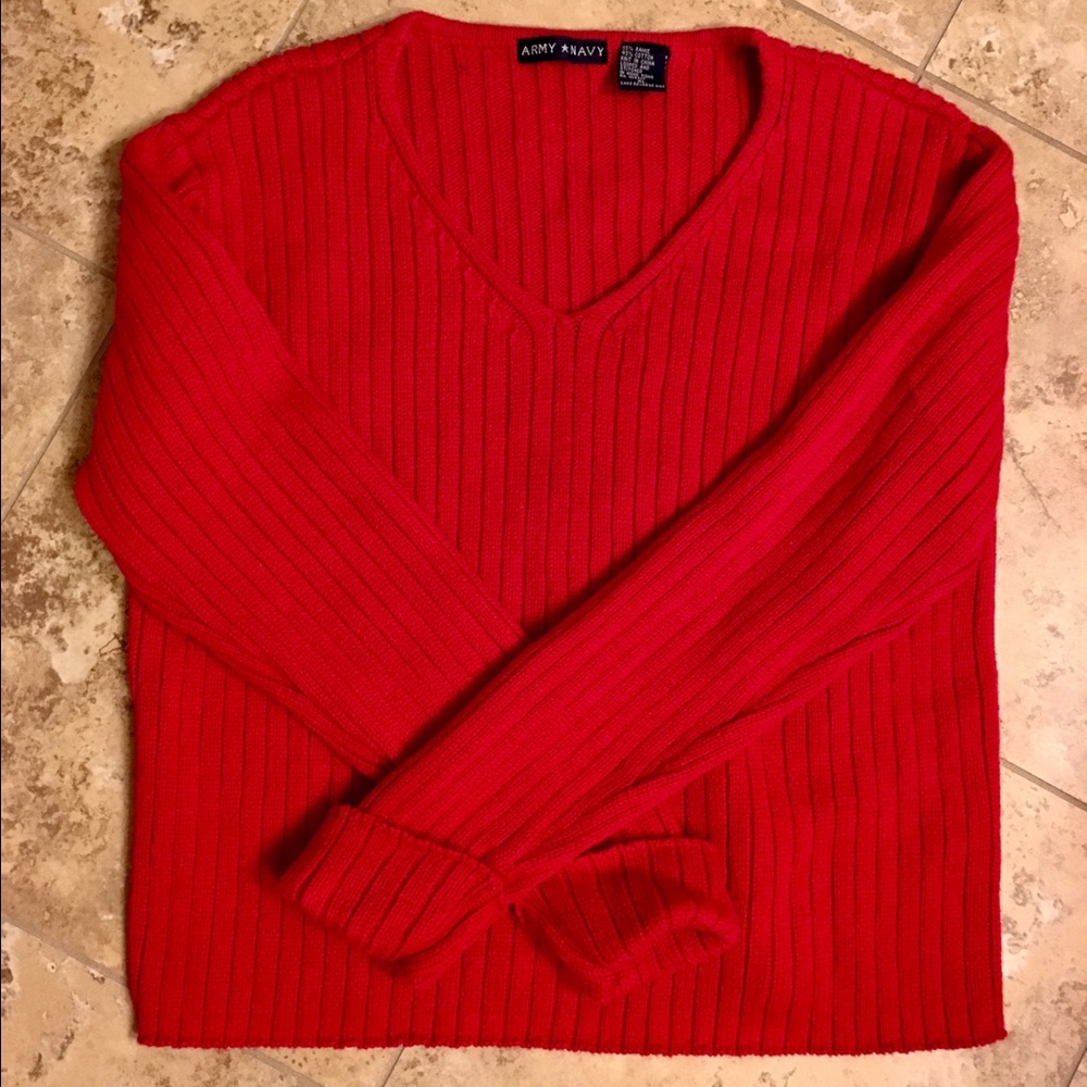 Army Navy Red Ribbed V-Neck Sweater