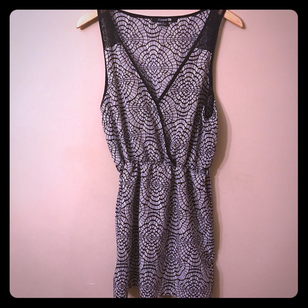 Black & White Faux Wrap Dress with Lace Straps