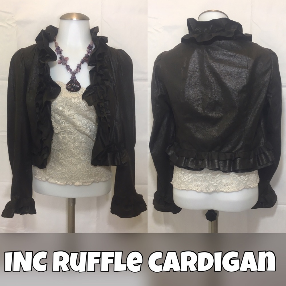 INC Faux Suede Ruffle Front Cardigan