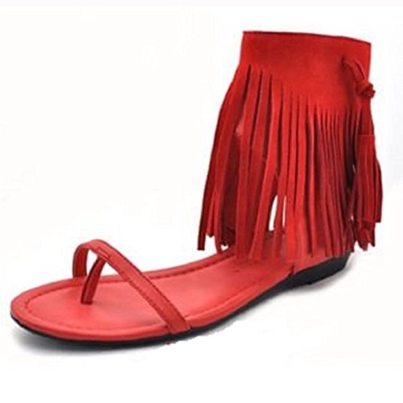 NIB Red Fringe Bohemian Toe Ring Sandals - Picture 3 of 4