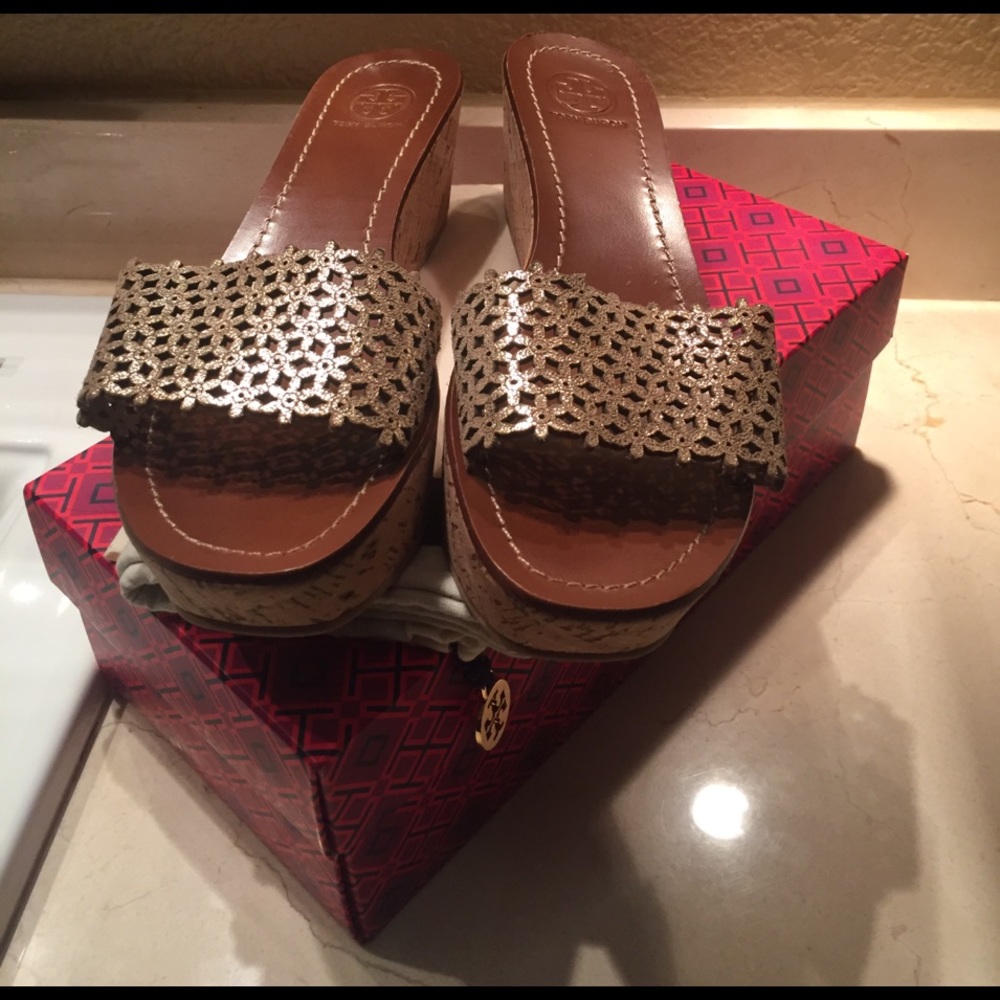 Gold Tory Butch Metallic Leather Wedge Sandals