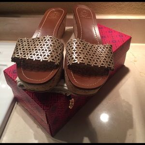 Gold Tory Butch Metallic Leather Wedge Sandals