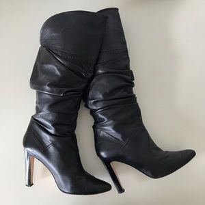 Manolo Blahnik Ruched Black Leather Boots SZ 38.5