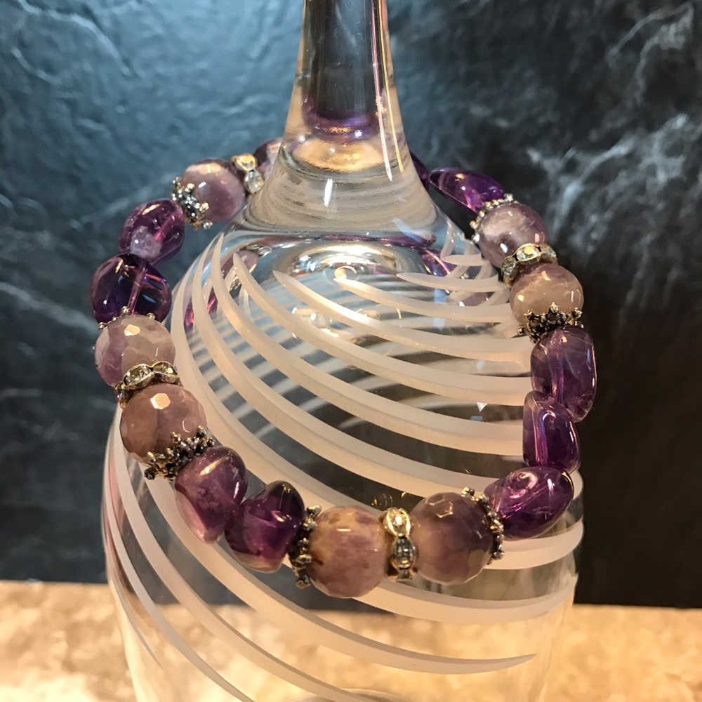 Handmade Amethyst Nugget & Agate Stretch Bracelet