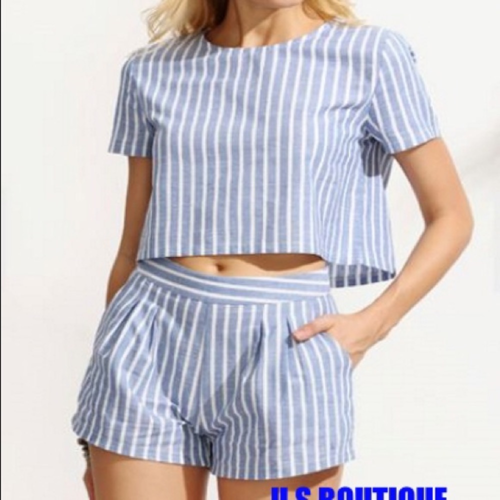 Blue Striped Short Sleeve Top With Shorts Suits