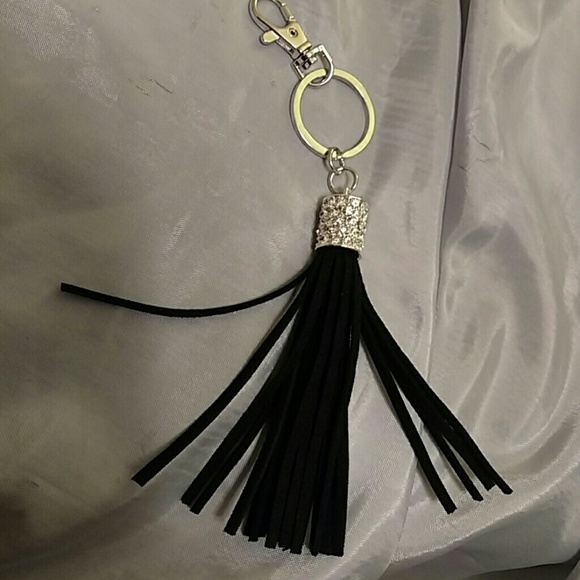 Accessories - Black leather tassel gem / silver keychain purse