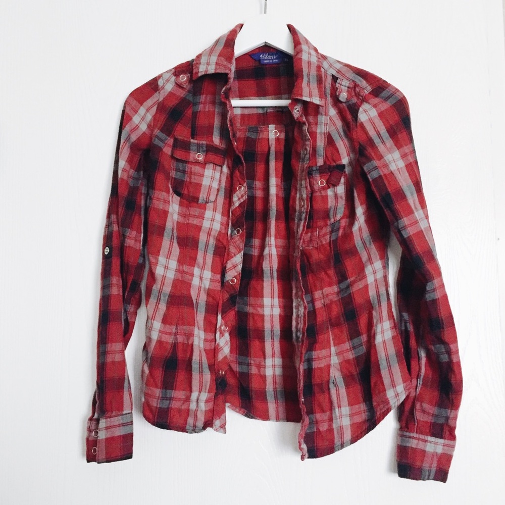 red plaid button up