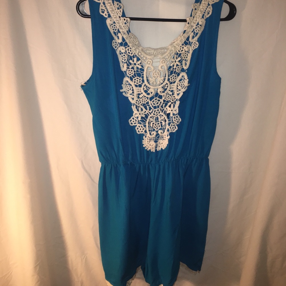 Chic Happen Blue White Crochet Romper