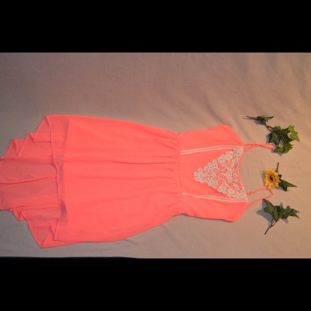 High-Low lace patterned neon coral dress
